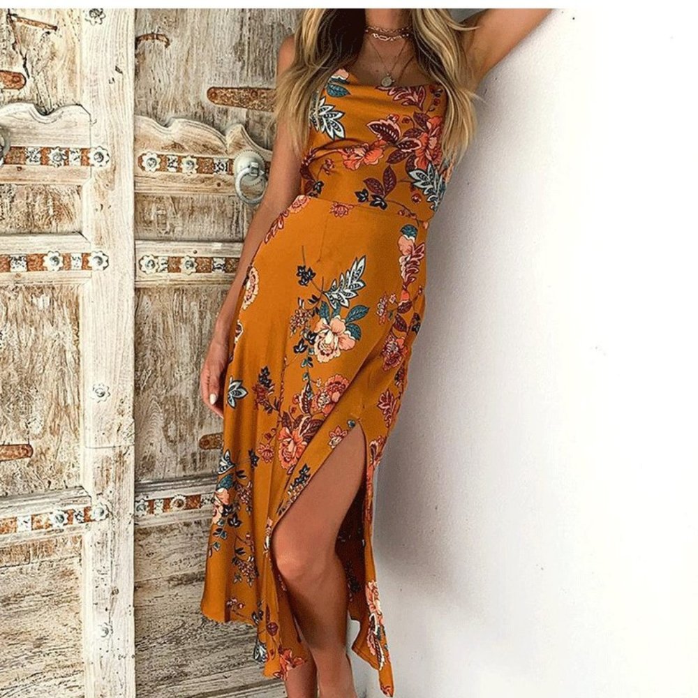 FRONT SPLIT MIDI DRESS ORIENTAL FLORAL PRINT *MUSTARD*